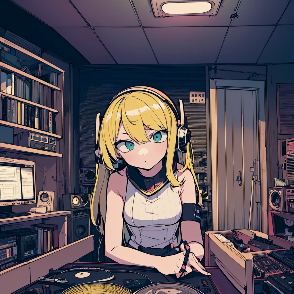 Best quality, (masterpiece:1.2), best detail face,1 girl, beautiful breasts, 18 yo, 8k,absurdres,unity 8k wall paper,(extremely detailed:1.3), highest realistic, (retro headphones:1.1), (soft neon light:1.1), Her room full of music equipment and records, See the whole room, natural color palette, blonde hair