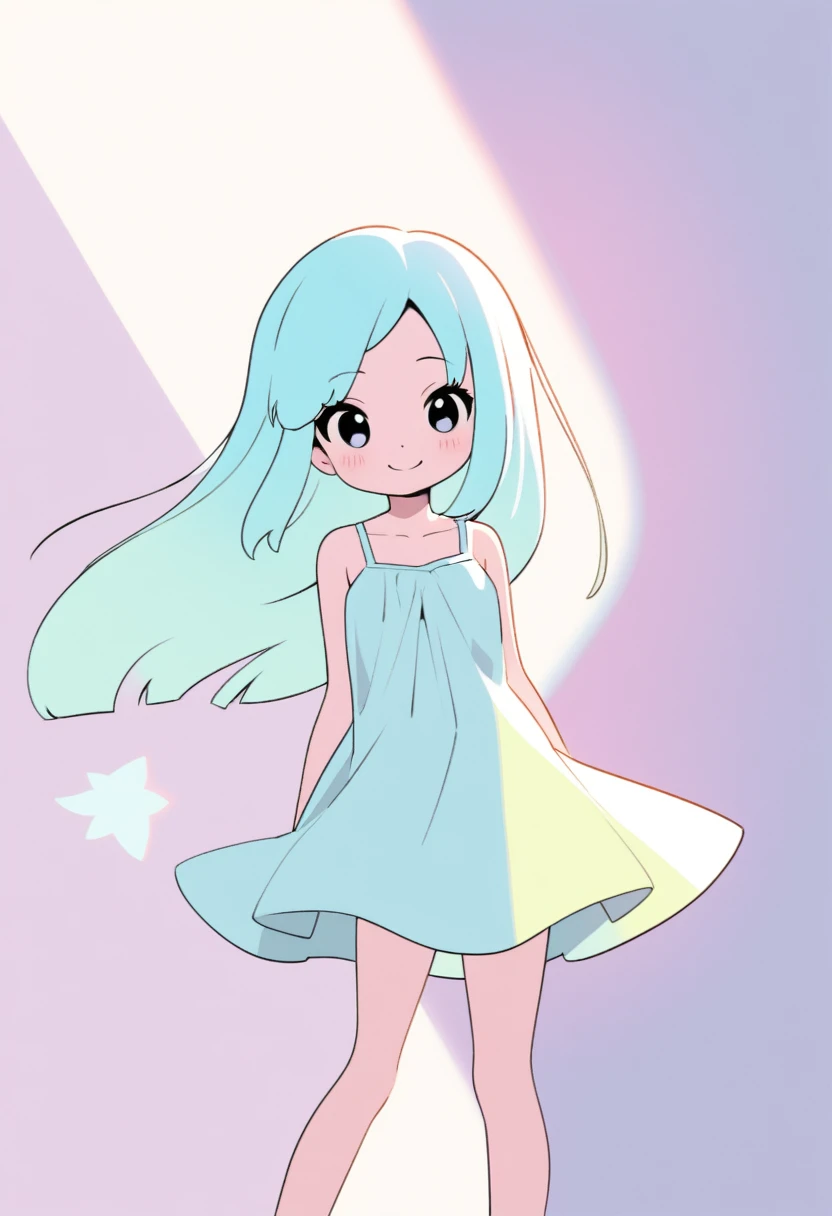 2.5D, delicate and dynamic, cute girl, straight hair, forehead, smile, loose summer dress, thin flat body line, cartoon-style images, shading, contrast magic, pale colors effects