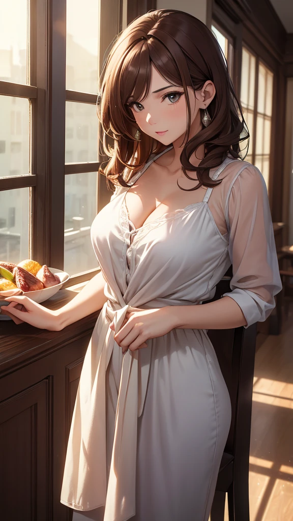 (masterpiece), (4k), )vivid colors), (evening light) 40-year-old woman with medium-length brown hair dressed in a low-cut housewife&#39;s typical dress and sagging breasts