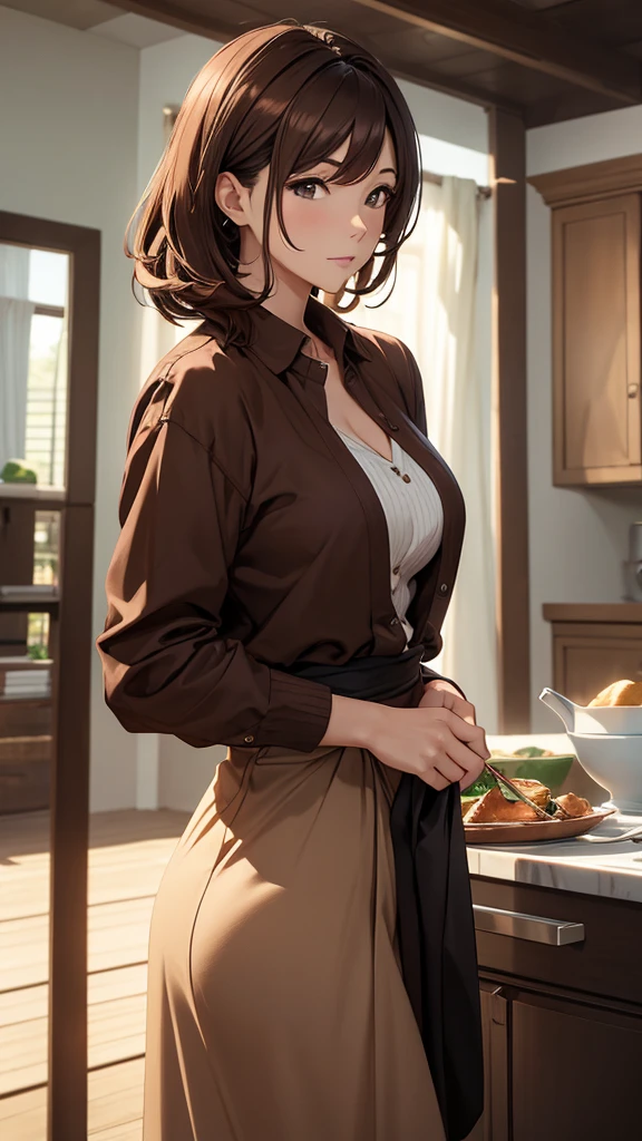 (masterpiece), (4k), )vivid colors), (evening light) 40-year-old woman with medium-length brown hair dressed in a low-cut housewife&#39;s typical dress and sagging breasts