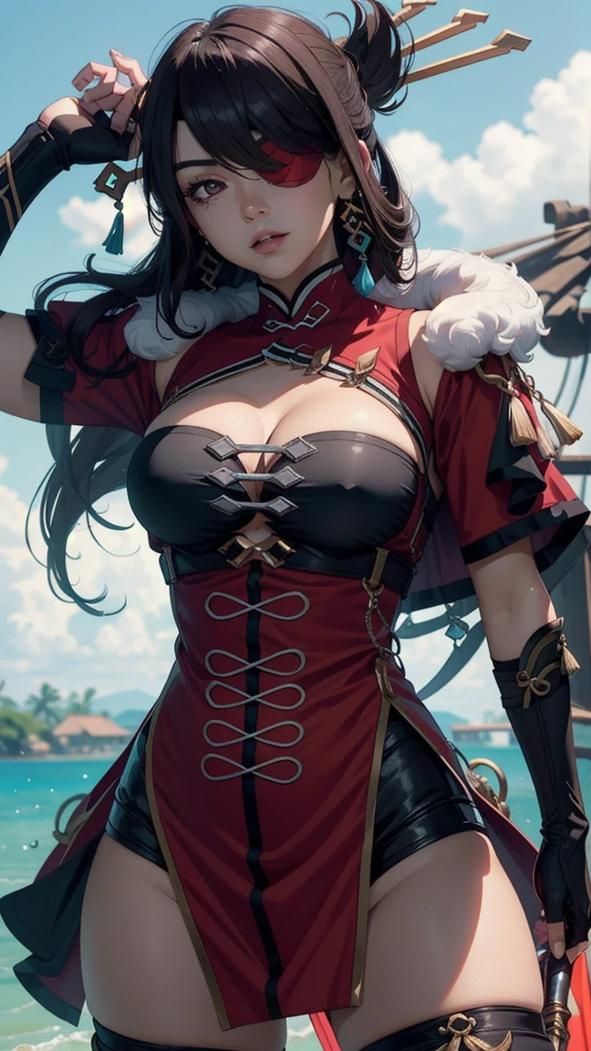 ((masterpiece)),(bestquality),((ultra-detailed)), (beautiful detailed face), depth of field,detailed,((beautiful detailed eyes)), big breast, (wielding a greatsword), beidoudef, eye patch, body 3:4, in a pirate boat.