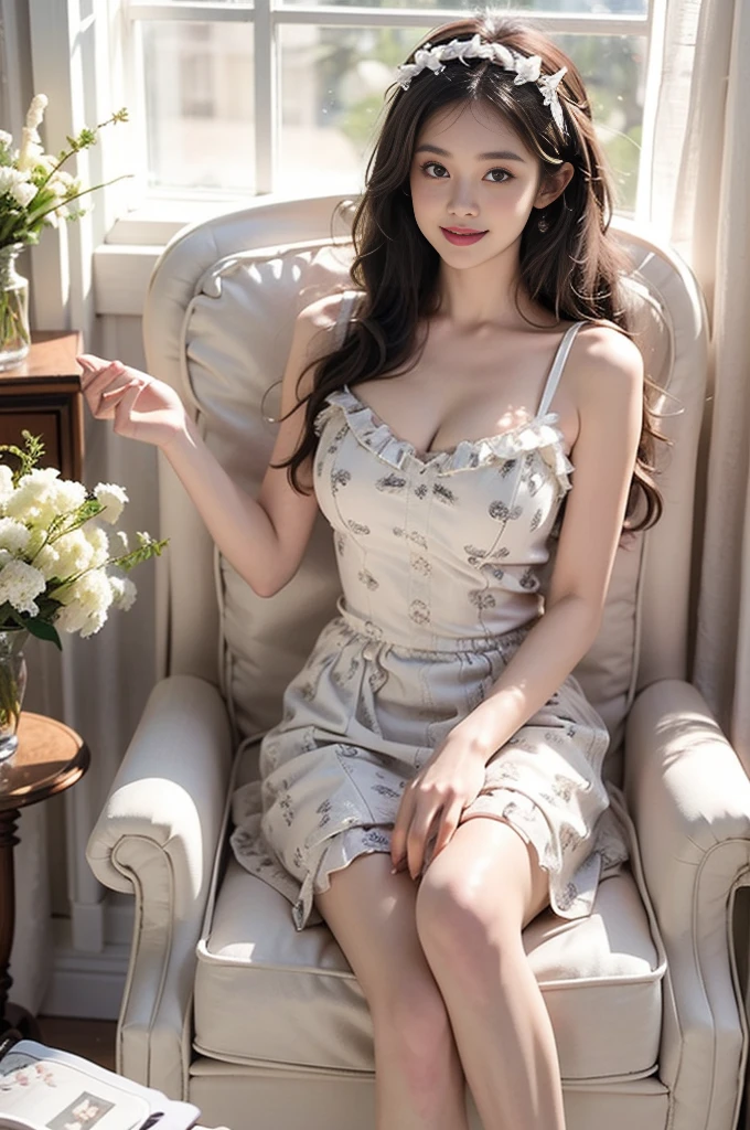 A beautiful woman sitting gracefully, ((Visible cleavage)), realistic style, detailed and rich textures. She has long, flowing hair, expressive eyes, and a warm smile. Her attire is elegant, with intricate patterns and delicate fabric. She is sitting on a vintage armchair, surrounded by a cozy, well-decorated room with soft lighting. The background includes a bookshelf filled with books, a vase with fresh flowers, and a window showing a serene garden outside. Her posture is relaxed, with one leg crossed over the other and her hands gently resting on her lap. The scene is bathed in natural light, highlighting the fine details of her features and the surrounding environment. Anatomically correct