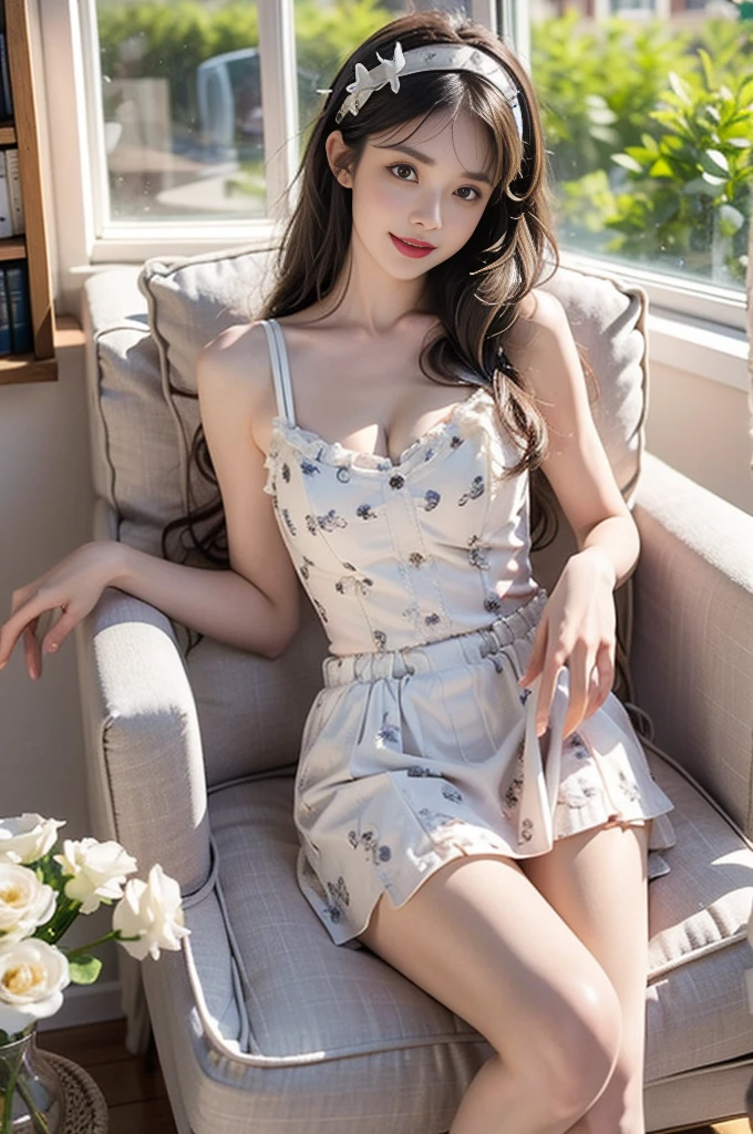 A beautiful woman sitting gracefully, ((Visible cleavage)), realistic style, detailed and rich textures. She has long, flowing hair, expressive eyes, and a warm smile. Her attire is elegant, with intricate patterns and delicate fabric. She is sitting on a vintage armchair, surrounded by a cozy, well-decorated room with soft lighting. The background includes a bookshelf filled with books, a vase with fresh flowers, and a window showing a serene garden outside. Her posture is relaxed, with one leg crossed over the other and her hands gently resting on her lap. The scene is bathed in natural light, highlighting the fine details of her features and the surrounding environment. Anatomically correct