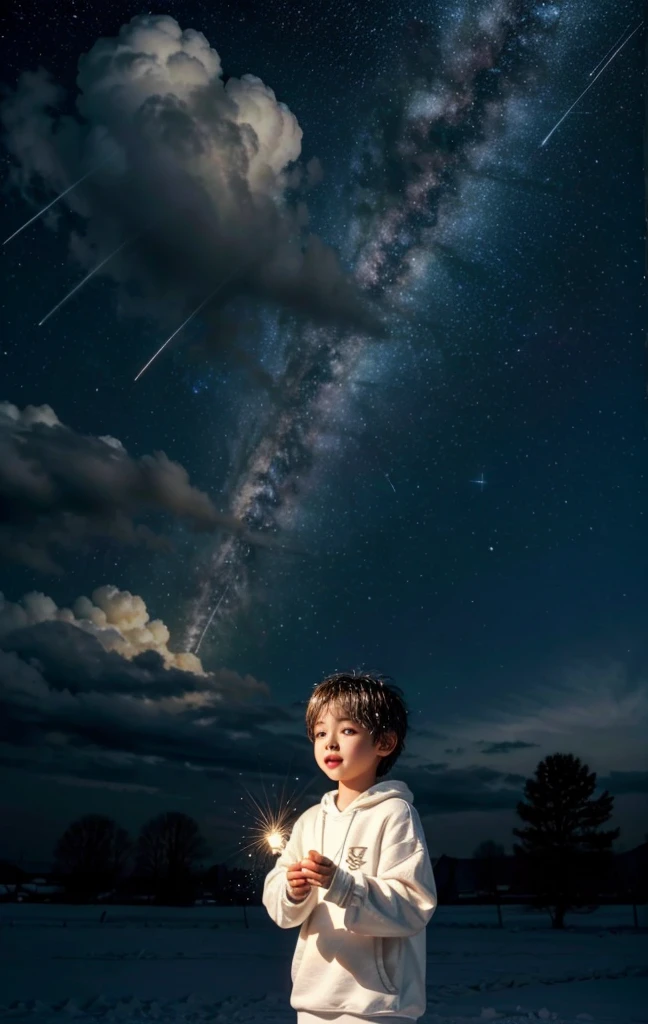  in white sweatshirt，Holding a light，Shining on his hair，Surrounded by magical clouds，Also illuminated，The majesty of winter snow, sparkling on fluffy clouds，Back，Lantern，Diffuse，There was a shooting star in the sky