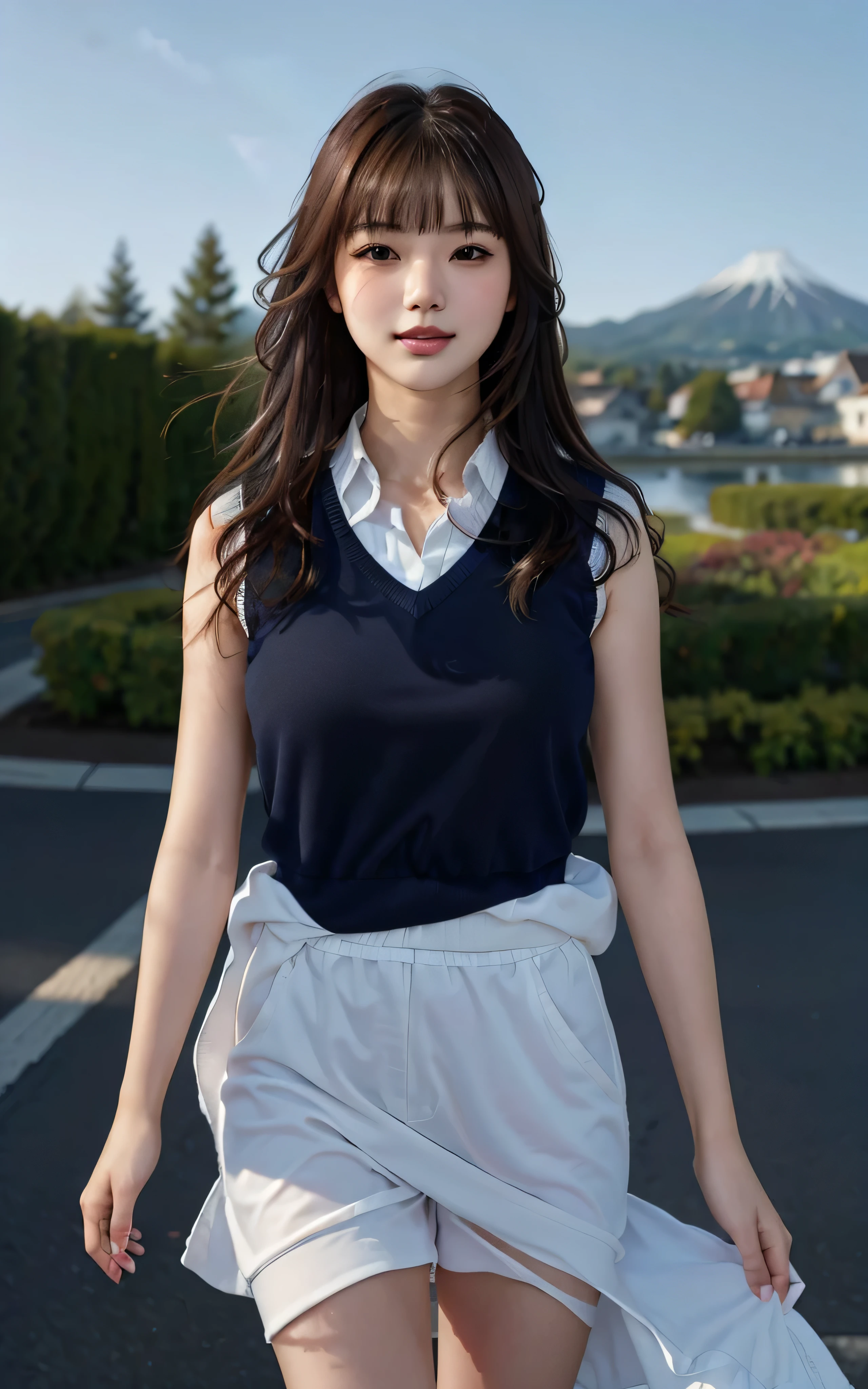 Masterpiece, Best picture quality, High quality, The background is clear，the street，Beautiful woman, Japanese, Detailed, Detailed eyes, Detailed skin, Beautiful skin, 超A high resolution, (reality: 1.4),Very beautiful, Slightly younger face, Beautiful skin, Slender, (Ultra photo realsisim), (A high resolution), (8K), (Very detailed) (Beautifully detailed eyes), (Super detailed), vests,ミニスカート、 (the wallpaper), (Detailed face), view the viewer, Fine details, Detailed face, Smiling, Staring straight ahead, Staring straight ahead, angle from waist up, Realistic photo, Bright lighting, Professional lighting, Mature woman, Brown hair, Sway in the wind Straight hair side by side, Long stylish bangs,