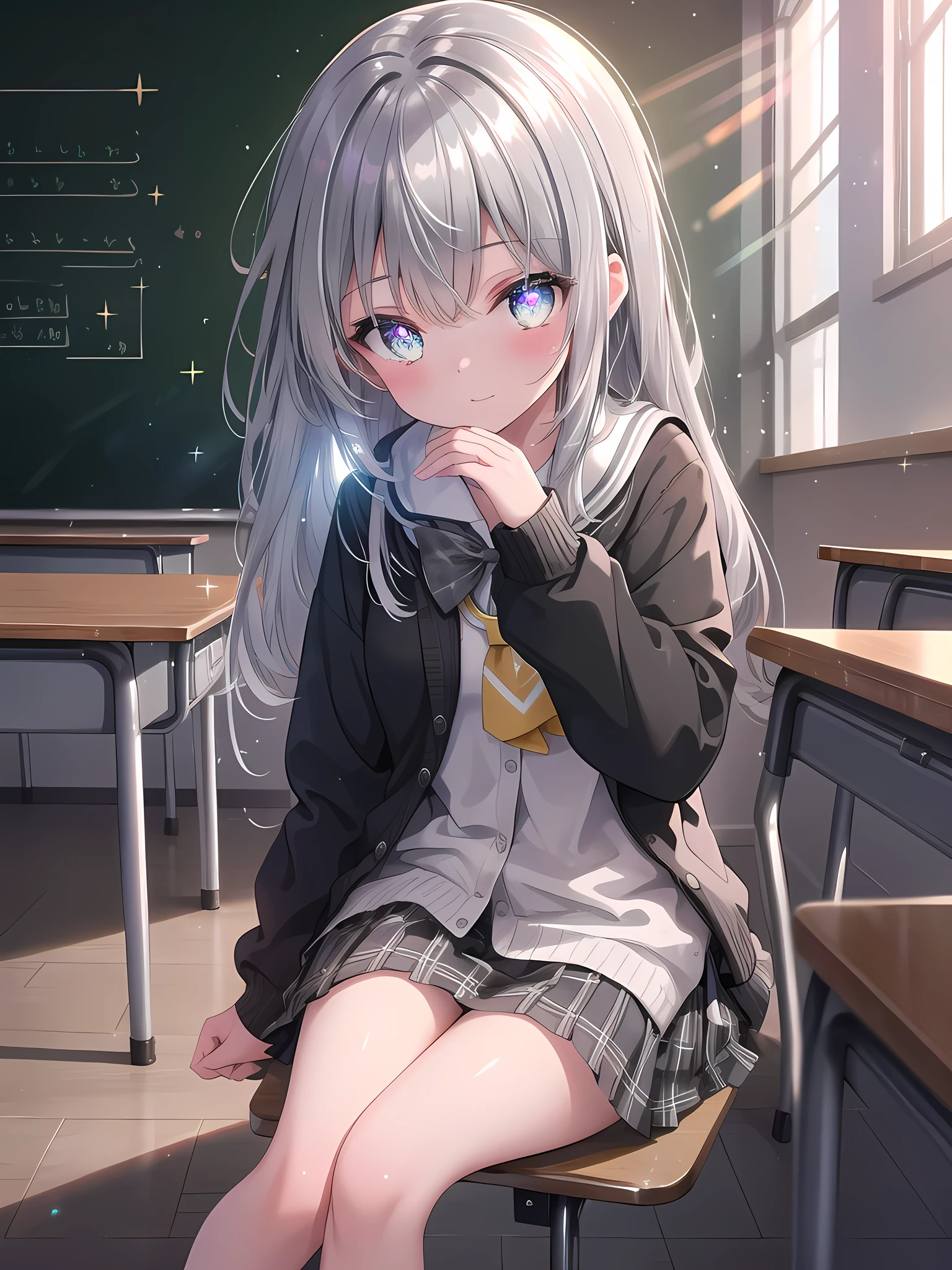 ((8k, best quality, master piece: 1.3)),super high resolution,(1 girl, solo), (colorshift eyes, hyperdetailed, expressive sparkling, glitter, glowing eyes), ultra detailed eyes, ultra-detailed face, random hair, ((silver gray color)),Draw an 15 year old girl chatting with her friends in a classroom at school. The girl has a bright expression and is sitting at a desk with the classroom blackboard in the background. There are classroom furniture and materials in the background, and the camera angle should be from a perspective looking through the desk at the girl and her friends. The colors should be the bright colors of the classroom, with the tools on the desk and classroom details.A stunning scene with a vibrant rainbow lens flare effect. The light source is positioned behind the main subject, creating a spectrum of colors that spread across the image. The light reflects off various surfaces, adding a magical and dreamy quality to the scene. The background is slightly blurred to emphasize the glowing and shimmering effect of the lens flare.