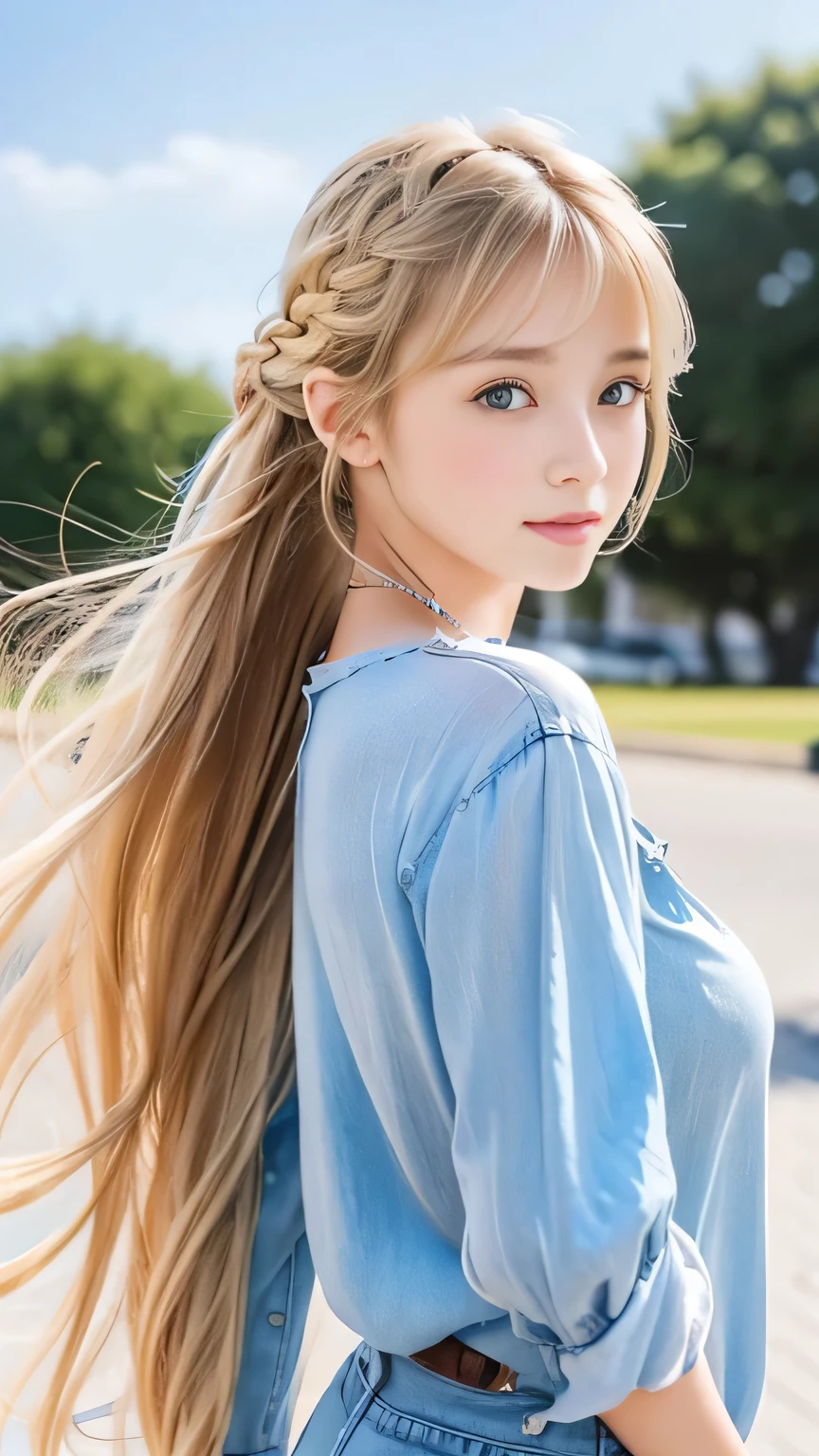 Sexy Big 、Sexy cute looks and cute 15 year old beautiful girl, beautiful and sexy face、A strong wind blows my hair in front of my face、beautiful long blonde French braided hair、beautiful, Cute and sexy eyes hidden behind long bangs