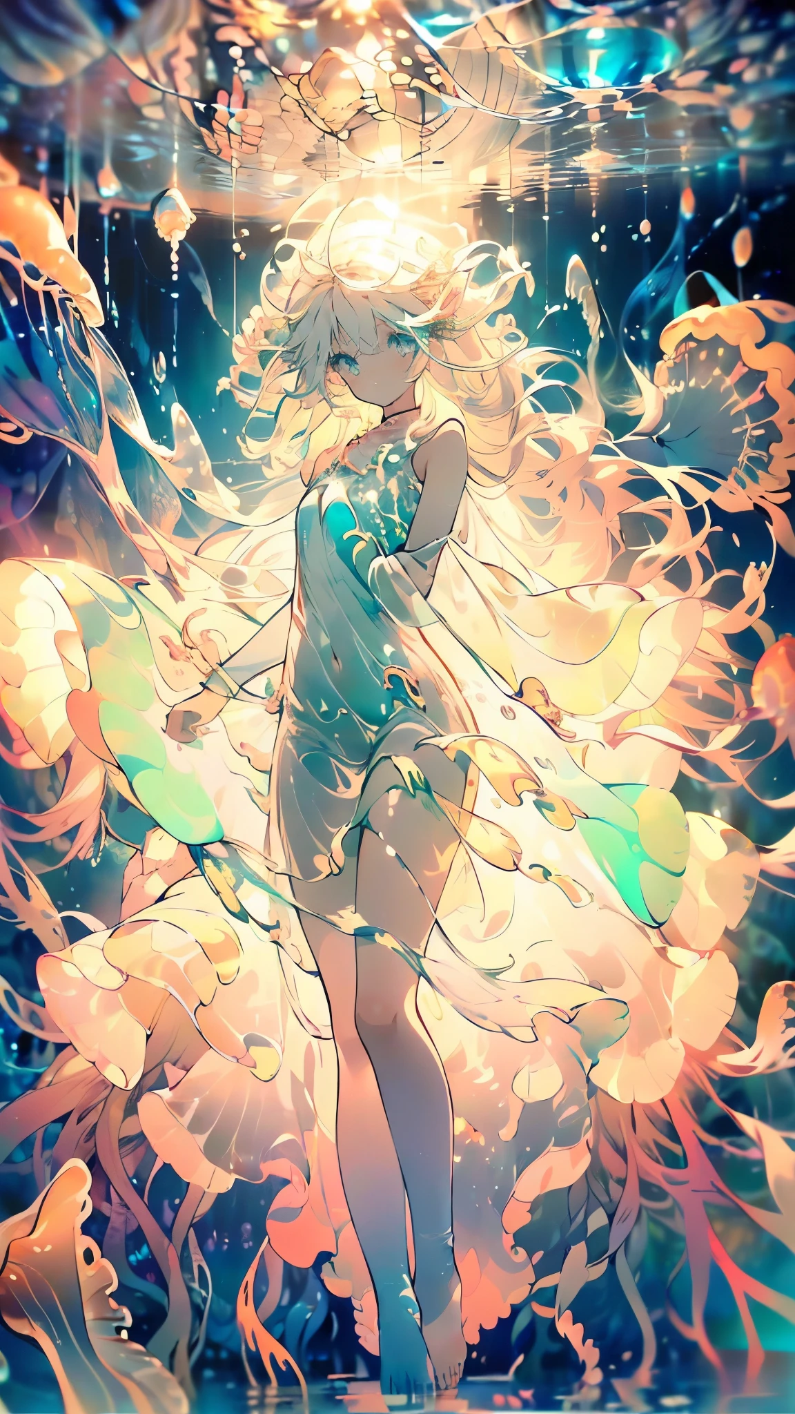 (Girl with jellyfish pattern:1.3), (Flowy transparent dress:1.2), (Luminescence:1.3), (Long Wavy Hair,Tentacle-like:1.2), (The movements are graceful:1.3), (Underwater atmosphere:1.2), (Floating Effortlessly:1.2), (Soft colors:1.1), (Ethereal Beauty:1.3), (Surrounded by small jellyfish:1.2), (Gentle expression:1.1), (Deep sea-like reflective eyes:1.2), (barefoot,Slender feet:1.0), (Surrounding bubbles:1.1), (Mysterious atmosphere:1.2), Ultra wide angle