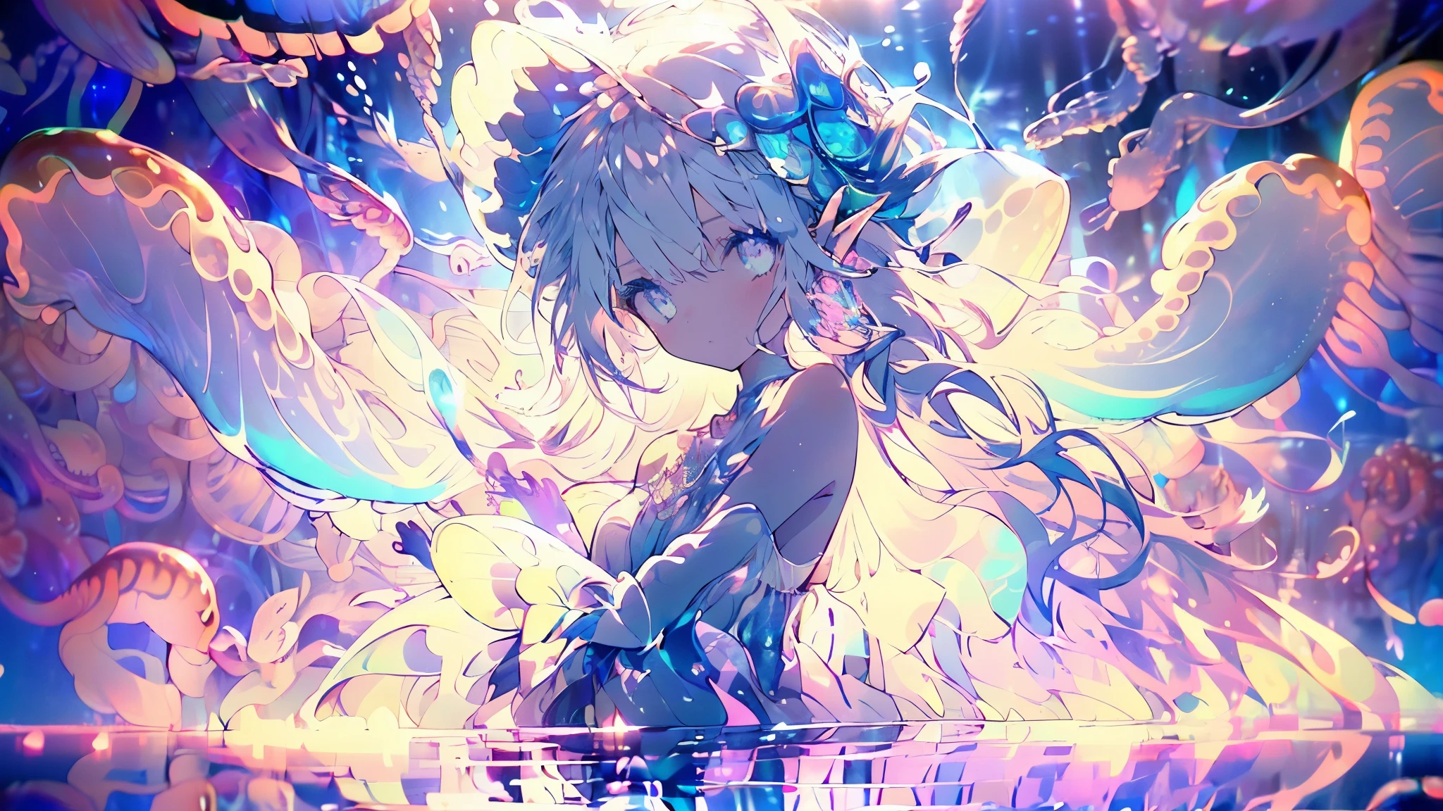 (Girl with jellyfish pattern:1.3), (Flowy transparent dress:1.2), (Luminescence:1.3), (Long Wavy Hair,Tentacle-like:1.2), (The movements are graceful:1.3), (Underwater atmosphere:1.2), (Floating Effortlessly:1.2), (Soft colors:1.1), (Ethereal Beauty:1.3), (Surrounded by small jellyfish:1.2), (Gentle expression:1.1), (Deep sea-like reflective eyes:1.2), (barefoot,Slender feet:1.0), (Surrounding bubbles:1.1), (Mysterious atmosphere:1.2), Ultra wide angle