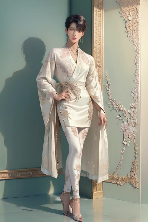 ((best quality,4k,highres,masterpiece:1.2)),((character concept art)), 1 man, age 25, Chinese Hong Kong, Hong Kong Elite, eldest sister, triad male leader, Known for her impeccable fashion sense and elegant demeanor, she is a true embodiment of the Versace brand. His body language is as captivating as his style, always exuding confidence and high fashion. (((he's wearing an exquisite Versace Barocco-print Shirt in Silk and Barocco-print leggings gold-tone/white/black, a true testament to the brand's luxurious aesthetic.))) Paired with Versace Tribute Sandals, she carries her ensemble with an air of effortless sophistication. Her accessories include a pair of Versace Tribute Sunglasses, enhancing her overall look. ((intricate detail)), super finely detailed hands, ultra finely detailed fingers(((ten fingers))), (standing still with confidently), (full body showcase), (show full body), (no logos on background), (no logo), ((plain background)), ((plain background)), (((empty background))).hot man, hot male , hot man , very small spikey boyish haircut, hot man
