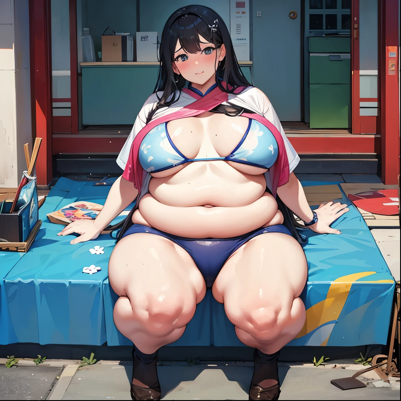 1girl,solo, saorijoumae, saori joumae, blue eyes, blue hair, halo, long hair, black clothes red parts, tall, teenager, sitting on steel boxes, snowy plains, campfire, snow, gigantic breasts, naked , NSFW:1.3, breasts on table, fat, gigantic:1.3