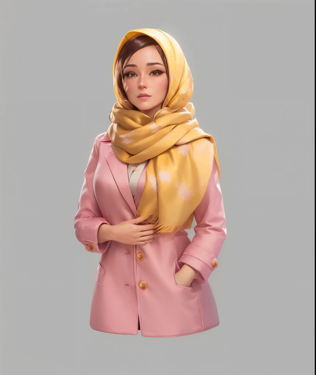 arafed woman in a pink coat and a yellow scarf, highly detailed character, female character, detailed character portrait, realistic female portrait, female lead character, 3 d render stylized, realistic character concept, full body character portrait, character full body portrait, detailed character art, digital character illustration, disney pixar animation