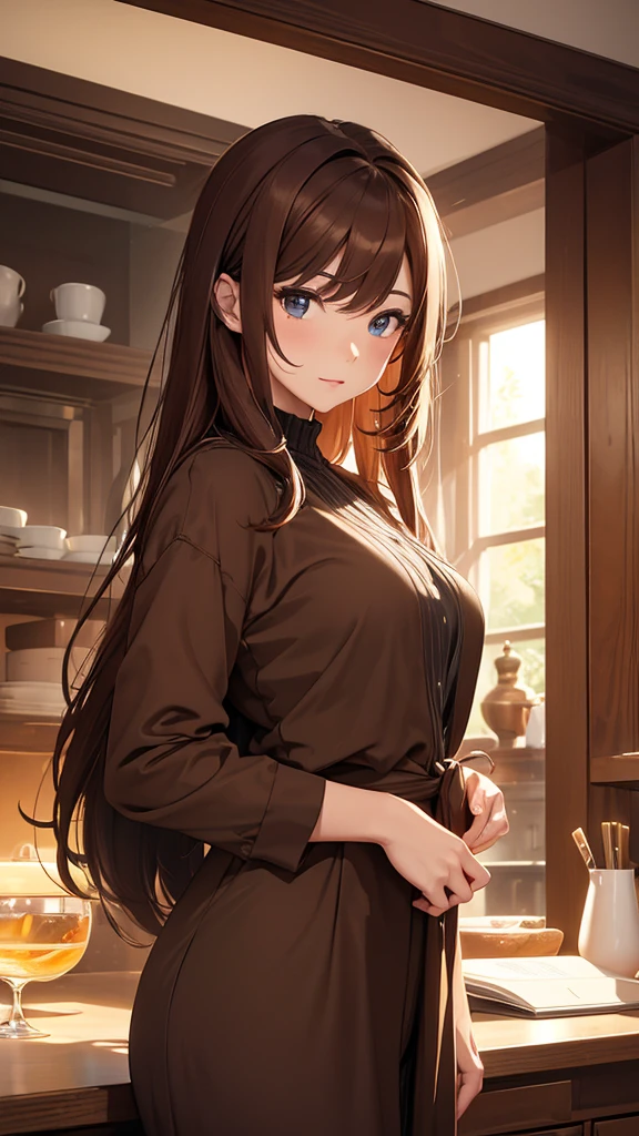 (masterpiece), (4k), )vivid colors), (evening light) Woman of 40 with brown hair dressed in a long, low-cut brown housewife&#39;s typical dress with sagging breasts