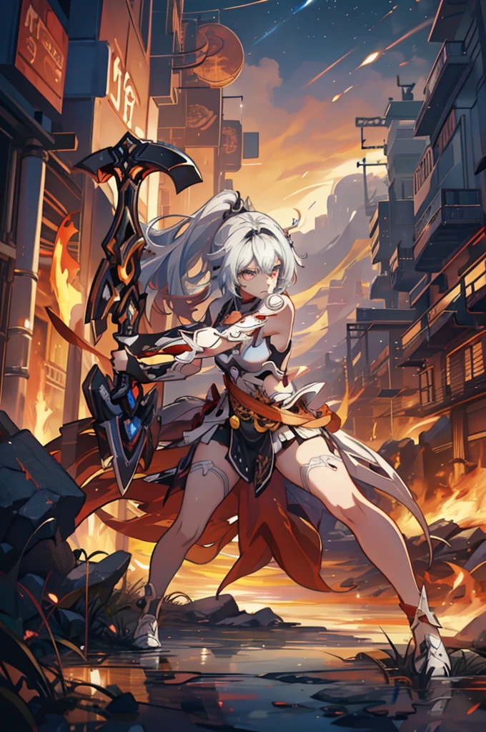 1 girl, Kiana, is a fiery and fierce warrior, known for her striking appearance and unmatched combat skills. She is often surrounded by a fiery aura, reflecting her inner intensity and passion. With her trusty sword and shield, she charges into battle, leaving a trail of flames in her wake. As a guardian of the realm, she wields the power of flame and light, illuminating the path for those she protects. Though her fierce exterior may intimidate, her kind heart and unyielding dedication to justice inspire loyalty and respect from her allies.
