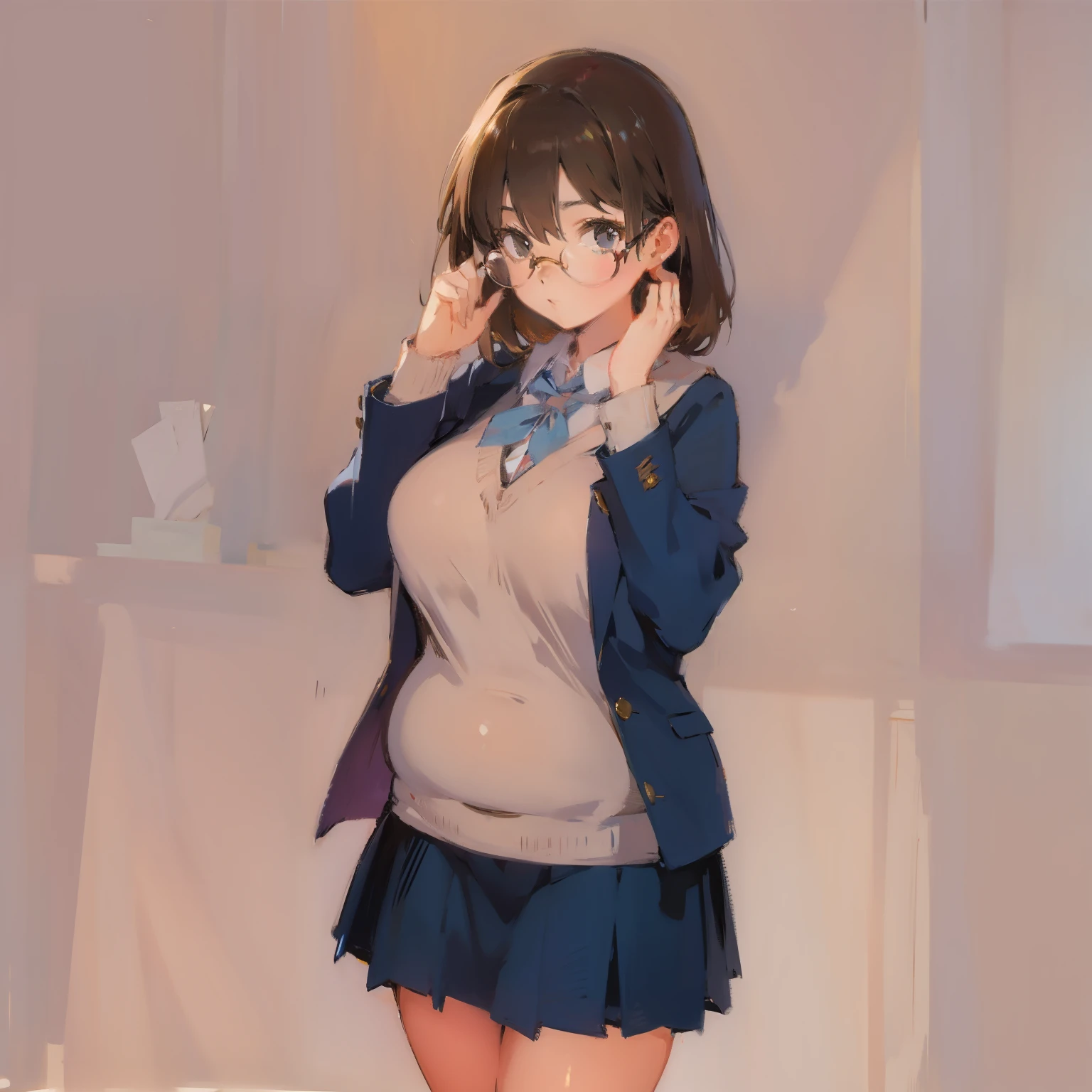 Glasses high school girl, gentle gaze, plump, art room