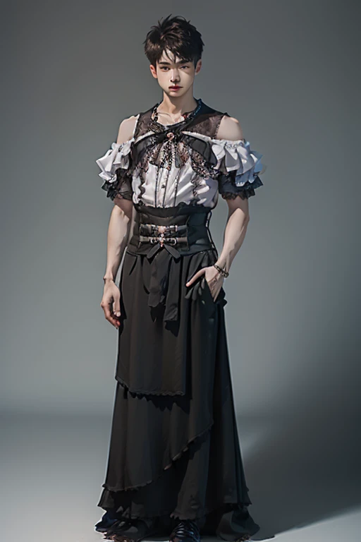 Young man wearing dress , very small spikey boyish haircut , hot man , full body, off shoulder, bamboo design