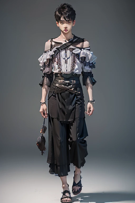 Young man wearing dress , very small spikey boyish haircut , hot man , full body, off shoulder, bamboo design