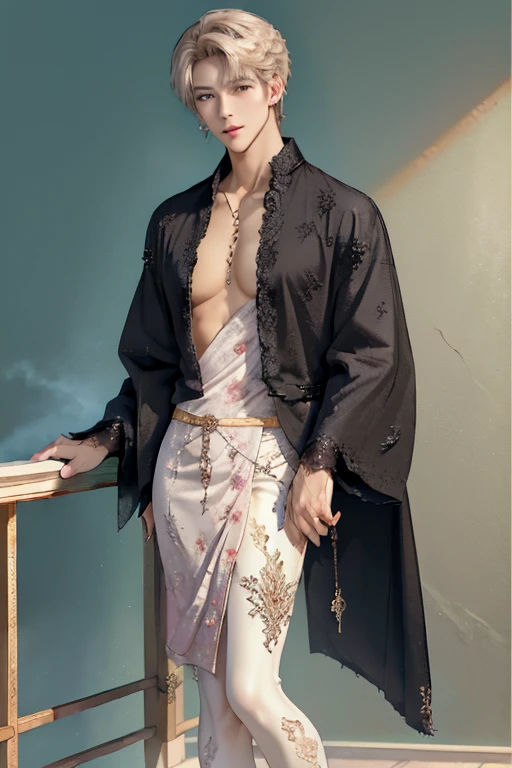 ((best quality,4k,highres,masterpiece:1.2)),((character concept art)), 1 man, age 25, Chinese Hong Kong, Hong Kong Elite, eldest sister, triad male leader, Known for her impeccable fashion sense and elegant demeanor, she is a true embodiment of the Versace brand. His body language is as captivating as his style, always exuding confidence and high fashion. (((he's wearing an exquisite Versace Barocco-print Shirt in Silk and Barocco-print leggings gold-tone/white/black, a true testament to the brand's luxurious aesthetic.))) Paired with Versace Tribute Sandals, she carries her ensemble with an air of effortless sophistication. Her accessories include a pair of Versace Tribute Sunglasses, enhancing her overall look. ((intricate detail)), super finely detailed hands, ultra finely detailed fingers(((ten fingers))), (standing still with confidently), (full body showcase), (show full body), (no logos on background), (no logo), ((plain background)), ((plain background)), (((empty background))).hot man, hot male , hot man , very small ?????? boyish haircut, hot man