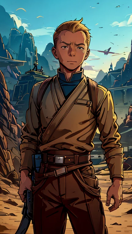 (s:1boy: Tintin,Star Wars), (extremely detailed CG unit 8k wallpaper),(master part), (best quality), (ultra detali), (best illustration),(melhor ombre), cowboy shot, (Sharp eyeliner, ombre, detailedeyes:1), Konoha Village background, ,break , (star15escola:1.2), upper body,short hair, grey hair, 1man, Tintin,1boy, blue top, brown pant