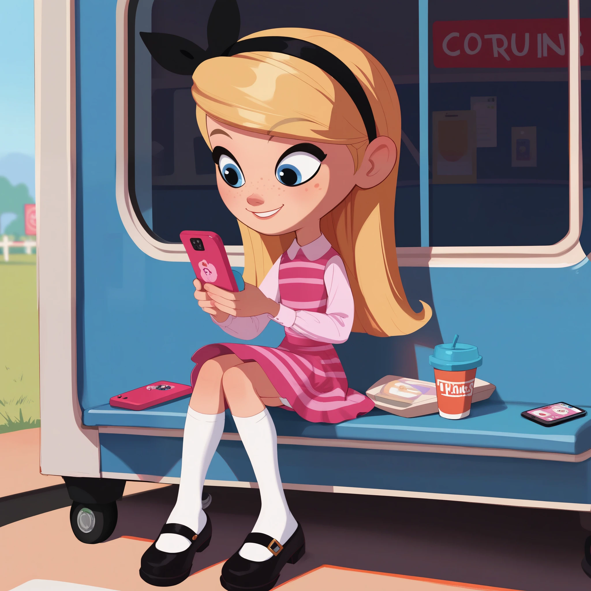 1girl, full body, solo, penny peterson, long hair, blue eyes, freckles, blonde hair, skirt, hairband, black hairband, white long tube socks, dress, pink dress, long sleeves, mary janes, black mary janes, score_9,score_8_up,score_7_up,score_6_up,score_5_up, close-up, sitting at a bus stop, focused, looking at 1phone, pink phone, texting, upskirt, white panties, panty shot, smile, joyful,