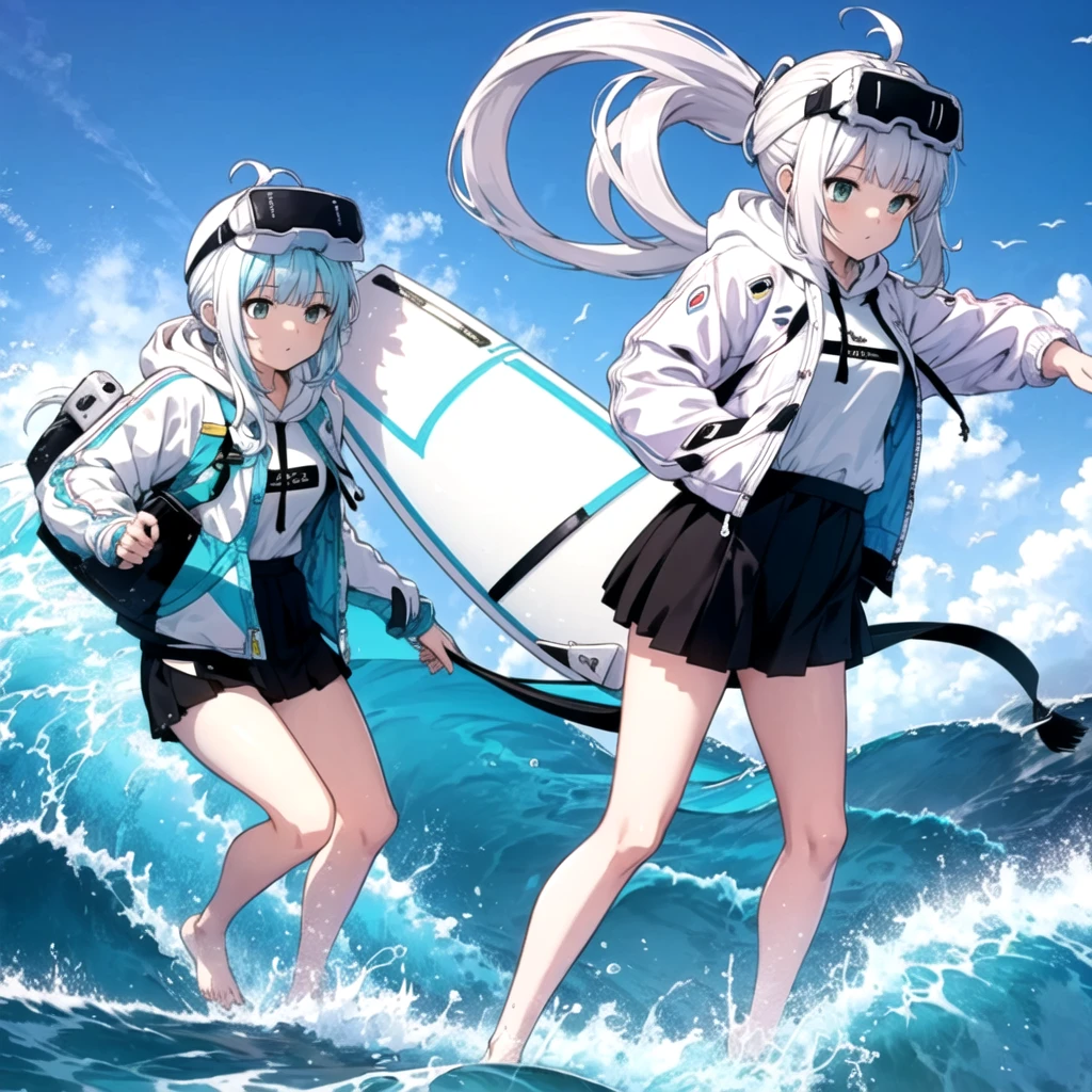 epinel \(nikke\),white hoodie, open jacket, drawstring, black skirt, beach, surfing,