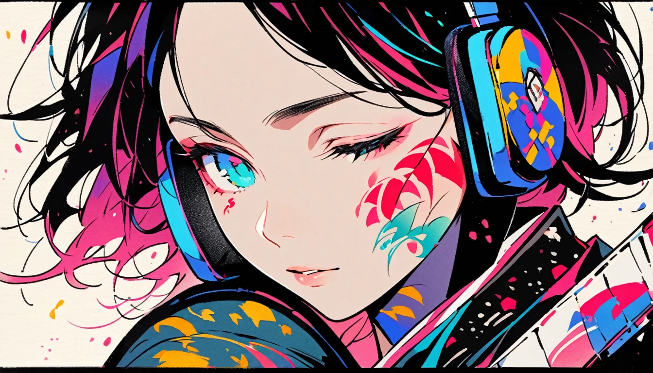 (((Ink Painting))), ((Japanese style headphones)), (((Japanese pattern tattoo on face))), electric bass, Gorgeous hair accessories, Japanese, vividcolor, face close up
