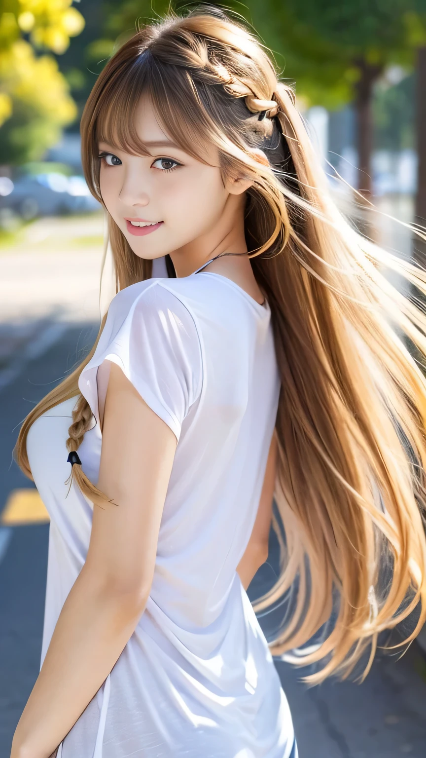 (RAW Photos:1.2)、Highest quality、Precise beauty、Beautiful long hair woman、The most beautiful women in the world、Beautiful and sharp features、21 years old、Smooth super long hair that looks blonde、Highly detailed face、cutesmileの女の子、Happy expression、Beautiful and beautiful eyes、eyeliner、Small face、Ample breasts、necklace、Semi-backlit、High resolution、8k wallpaper、The gesture of pulling up the hair(Photorealism:1.4)、Super detailed、masterpiece、Very bright photo、Take off your pants and place them on your fingers、smile、Beauty、cute、Various clothes、one piece、skirt