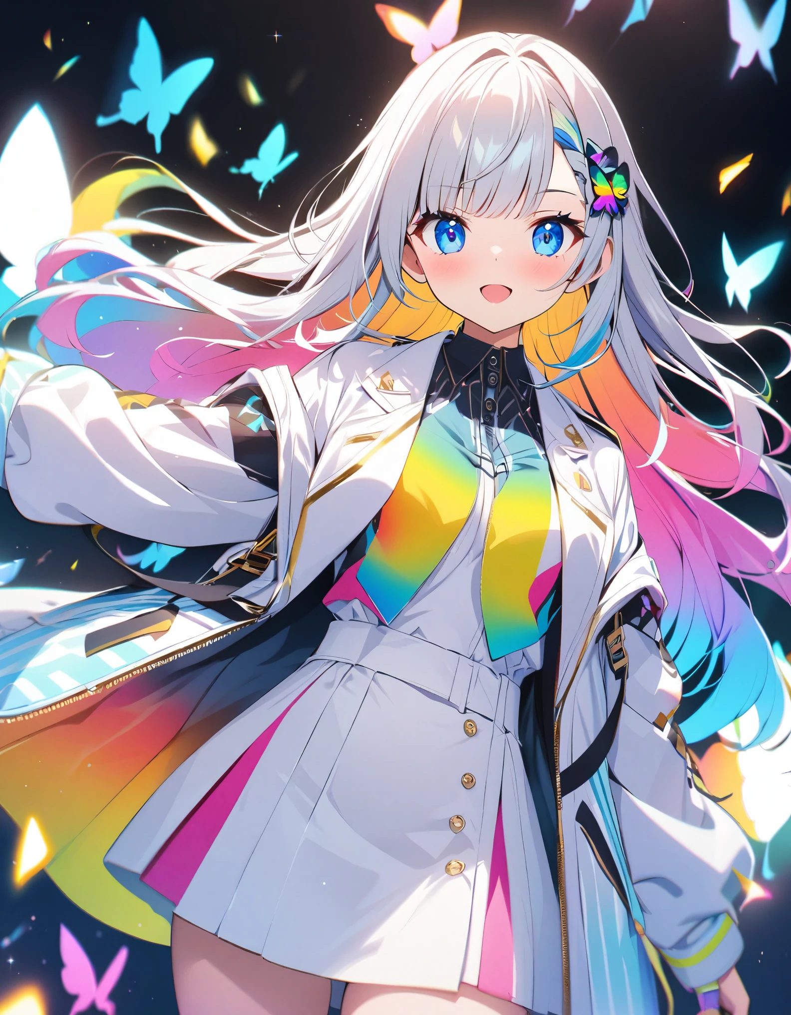 Butterflies are flying、Looking to the side、1girl, stylish, stylish code, large jacket, simple white background, colorful butterfly
