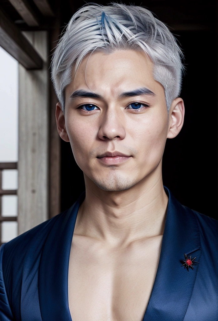 JAPANESE MAN WITH WHITE HAIR AND BLUE EYES,ANIME ART