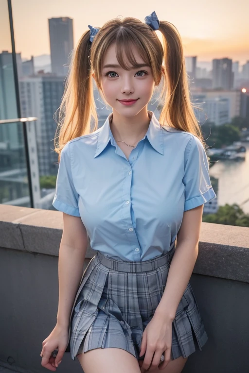(masterpiece:1.3, Highest quality, Ultra-high resolution, Very detailed), (Realistic:1.1, photoRealistic:1.4), Beautiful illustrations, Perfect lighting, colorful, Written boundary depth, Beautiful detailsまでこだわった髪, Beautifully detailed face, Beautiful details, Beautiful clavicle, Beautiful body, Beautiful breasts, Beautiful thighs, Beautiful legs, Beautiful fingers, View your audience, 1 girl, Japanese, high school girl, Perfect Face, (Perfect Anatomy, Anatomically correct), Cute and symmetrical face, Baby Face, Sunburn, Glowing Skin, (Mid-length hair:1.5, Twin tails:1.2, blonde), Asymmetrical bangs, blue eyes, Long eyelashes, (Mid-chest), thin, ((Collared short-sleeved shirt, Light blue shirt, , Grey plaid pleated skirt, To the Navy)), No pants, (Beautiful views), evening, (Outdoor, distant cityscape), Are standing, (peace sign), (Cute Smile, 鬠红、Upward glance, Open your mouth), (Open Girl'Cat:1.3), hour々squat:1.2,Put your finger in your pussy:1.5,((A large amount of pee is sprayed from the vagina)),(((Very few, Young face and breasts))),