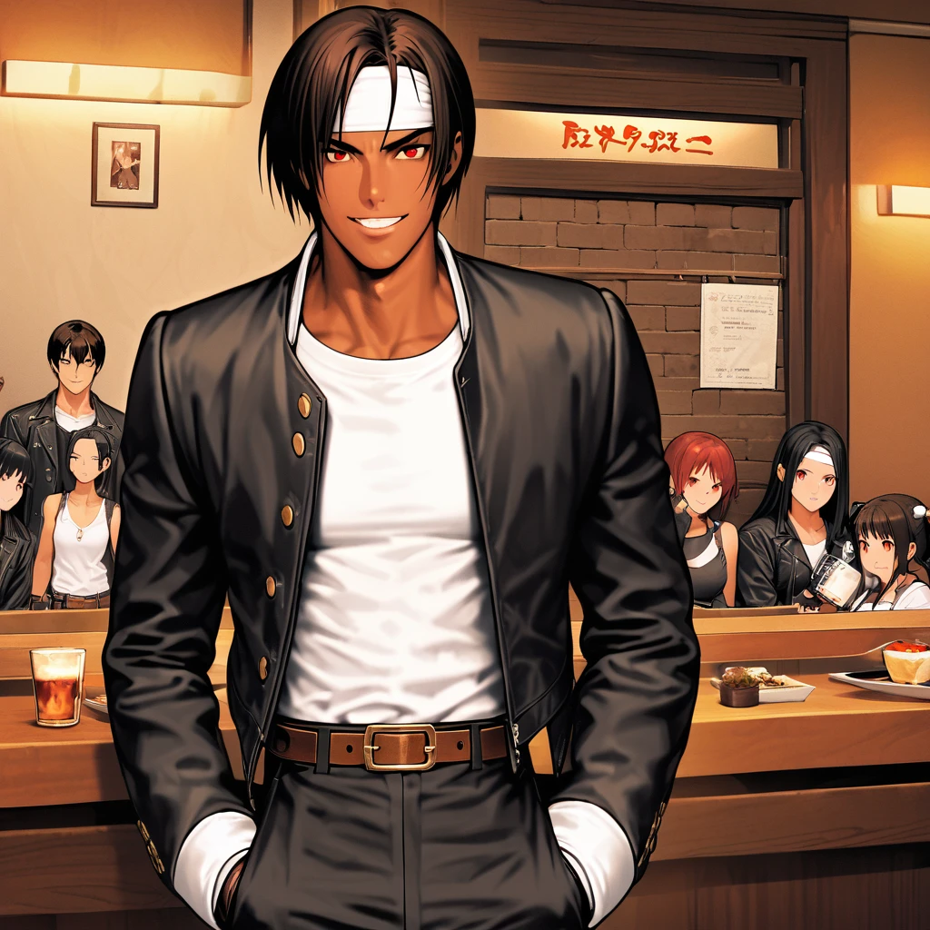 Orochikyo, Dark Skin,Red eyes,Black jacket, Fingerless gloves, White T-shirt, White headband, Black trousers, White shoes, Brown belt, good looking,indoor, charm, masterpiece, High resolution, Detailed face,fine grain, A confident grin,Dining with friends at a restaurant,speaking