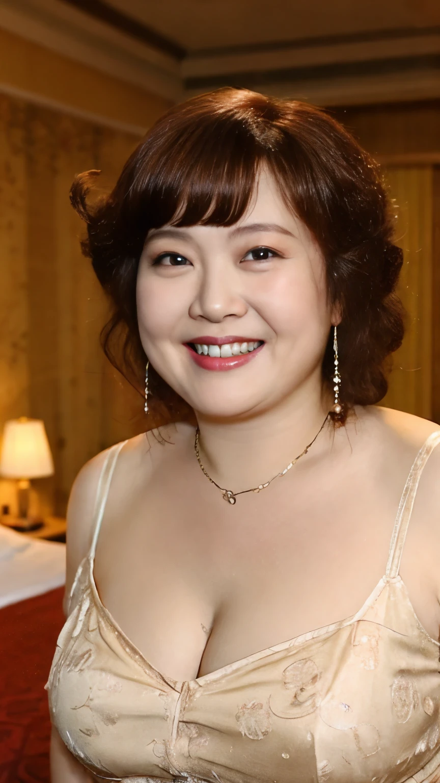 super high quality, Background Blur, In a hotel room, gravure, I'm sticking out my, 65 years old, ，Fat belly，Very plump, From the chest up, masterpiece, Highest quality, Very detailed, Realistic, Ultra-dense skin, Perfect Anatomy, Plump Mature Woman, Wrinkles around the eyes, , Big Breasts, In underwear, A shy toothy smile, Chubby, Glamour, sexy, Pure white skin, Looking at the audience,