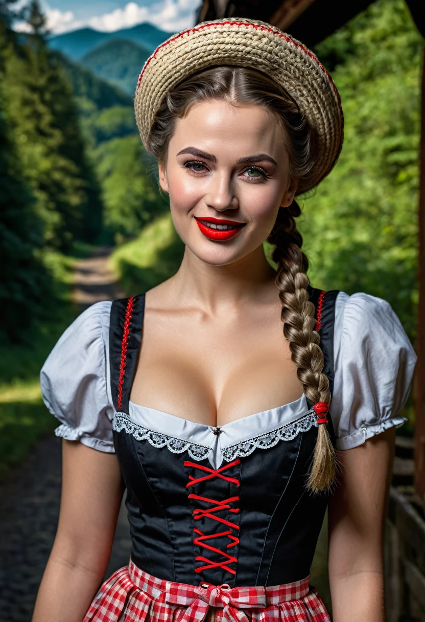 a young woman in a dirndl dress, french braid hairstyle, winking with one eye, red lipstick, bollenhut hat, full body shoot, dark background, black forest landscape, vintage tourism poster, cinematic lighting, detailed face, highly detailed, intricate design, photorealistic, 8k, masterpiece
