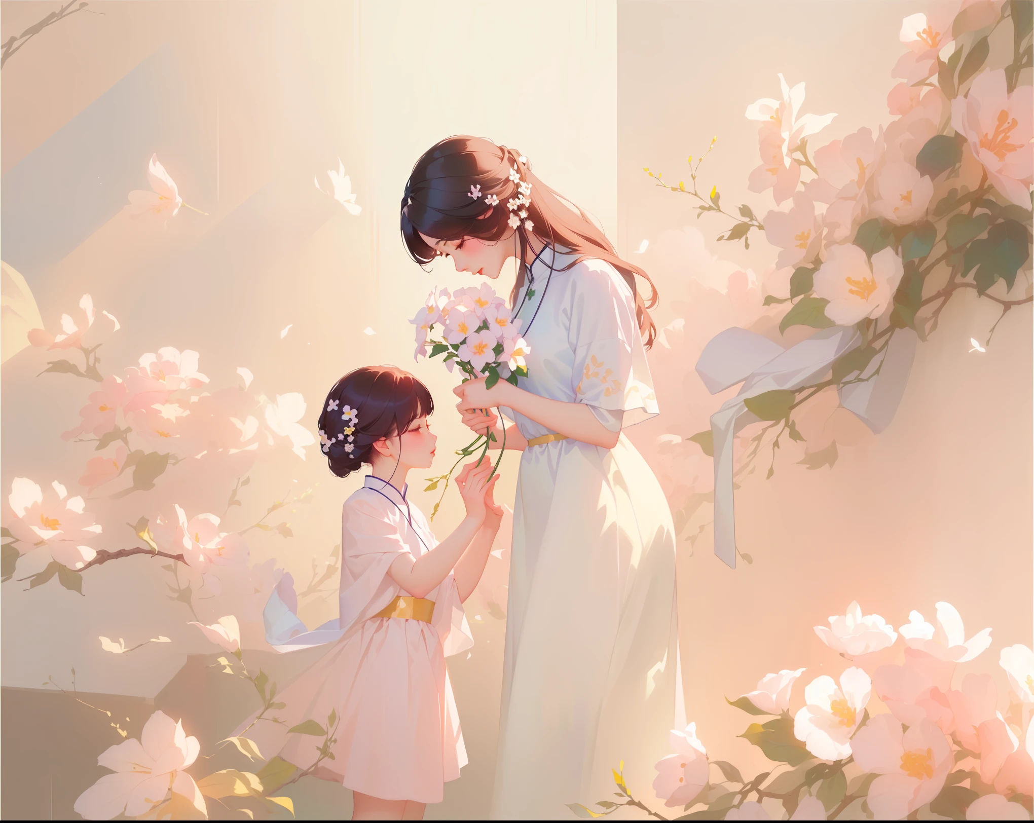 (masterpiece, top quality, best quality, Extremely detailed details, official art, Light Effect, Beauty and aesthetics: 1.2，)Painting of a mother and her daughter among flowers, inspired author Hsiao-Ron Cheng, inspired by Yanjun Cheng, guweiz style artwork, Pastel style, Elegant Numbers, yanjun chengt, by Yanjun Cheng, author：Cold plum, author Hsiao-Ron Cheng, Beautiful digital illustrations