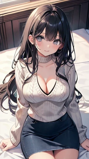 (masterpiece、Highest quality、Very detailed))、One Girl、Black Hair、Long Hair、Wavy Hair、Grey Eyes、smile、Large Breasts、((White sweater))、Cleavage、((Denim pencil skirt))、Sit on the bed、Cowboy Shot、((look up))、((Shooting from above))、