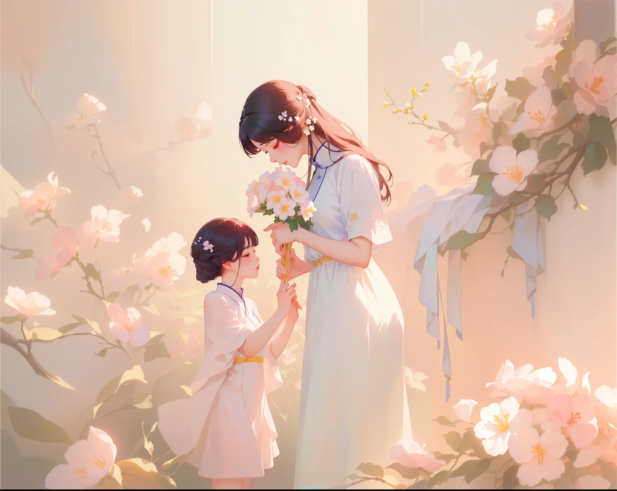 (masterpiece, top quality, best quality, Extremely detailed details, official art, Light Effect, Beauty and aesthetics: 1.2,)Painting of a mother and her daughter among flowers, inspired author Hsiao-Ron Cheng, inspired by Yanjun Cheng, guweiz style artwork, Pastel style, Elegant Numbers, yanjun chengt, by Yanjun Cheng, author:Cold plum, author Hsiao-Ron Cheng, Beautiful digital illustrations