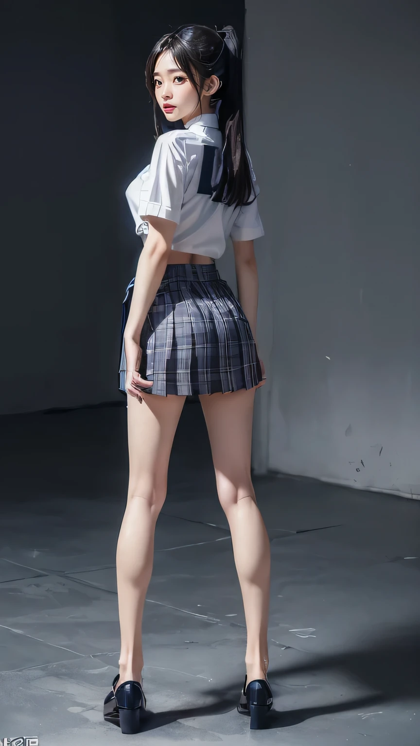 ((masterpiece)),(((最high quality))),((Full body shot from knee height:1.8)),((((((Please stand up straight:1.9)))))),((Thin thighs)),((Long legs:1.5)),(((Girl standing in a school classroom:1.7))),(((Micro Mini Skirt Uniform:1.6))),((tall:1.8)),((Japanese high school girls wearing summer uniforms:1.8)),((Slim Model body type:1.5)),((Thin legs:1.6)),((Wearing a red tie:1.2)),((Wearing a white shirt with short sleeves)),Her erect nipples are clearly visible under her clothes.,(Navy blue checked micro mini skirt:1.5),(24-years-old:1.3),bangs,A small smile,((cute girl)),Slender girl,(Black Loafers),((short white socks up to the ankles,)),cute,The thigh area below the groin is slim and firm,cute,Black hair ponytail,Thin legs,Slim Model body type,Very small waist,Small hips,Long thighs,Thin thighs,Thin hands,Long hands,((((Full body shot from below:1.5)))),(((((k-popのIVEのWONYOUNGにそっくりの***:1.9))))),((Turn your whole body straight ahead:1.8)),((tall:1.4)),(Stand with your legs straight without bending your knees:1.7),((Please stand up straight:1.7)),((turn your hips forward:1.7)),The ankles are super thin,beauty,Fine skin,Firm Skin,Realistically reproduced skin detail of thin legs,Very detailed, Attention to detail,high quality,Awards,High resolution,(Anatomically correct:1.3),(8k,RAW Photos,最high quality,masterpiece:1.5),(((***をFull body shot from below:1.5))),Height 173cm,((Please stand up straight:1.7)),((Please stand up straight:1.7)),(((Keep your back straight:1.8))),((Look forward:1.2)),8 head beauty,Model body type,((Inseam is half the height:1.5)),(Thin thighs),((k-popのIVEのWONYOUNGにそっくりの***:1.5)),Raw photo,Firm Skin,Fine skin,Well-trained muscular legs,Attention to detail,vivid,Skin Texture,Genuine skin feel,Perfect composition,beautiful,Very detailed,High chroma,Genuine,eyeliner,eye shadow,High nose,Small nostrils,Small Mouth,Seductive lips,((((White panties:1.9)))),Long legs,Thin legs,Thin thighs,Thin ankles,(((Full body shot:1.6))),((A blackboard and desks are visible in a school classroom.:1.6))