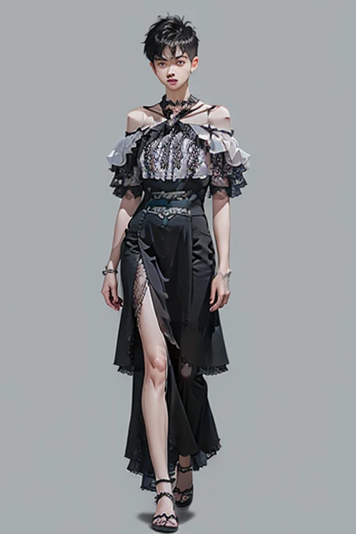 Young man wearing dress , very small spikey boyish haircut , hot man , full body, off shoulder, bamboo design