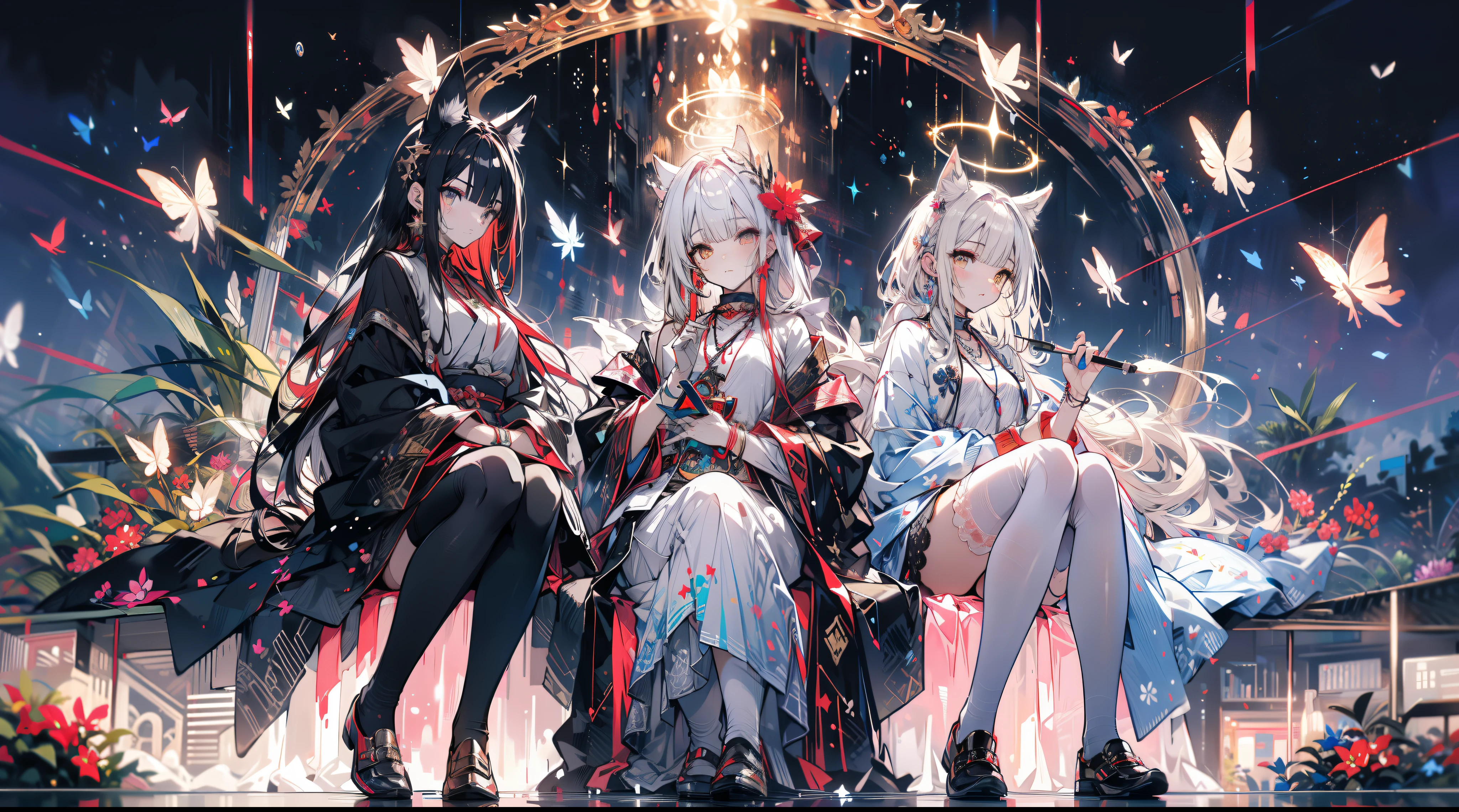 (((tmasterpiece))), (((best qualtiy)))), offcial art, the Extremely Detailed CG Unity 8K Wallpapers, ((sketching))), the night, Sateen, Beautiful detailed sky, galactic,starryskybackground,beautiful detailed water, GameCG, hugefilesize, sketching, solo, angelicales, long whitr hair, golden hair, Wet hair, hair between eye, Hair behind the ears, white colored eyelashes, beatiful detailed eyes, expressionless eyes, yellow eyes, half closed eyes, shoe, The halo, cross necklace, looking-down, sitted, Hold your legs, blown hair, Feather ornaments, leaf hair ornament, ln the forest, by lake, ((Bigchest))), ((( White robe))), longer sleeves, bandagens, White eye patch, elvish ears, (((Large golden wings))), fenghuang