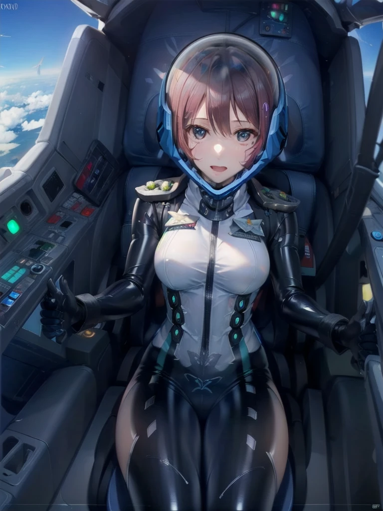 pilot uniform in an airport cockpit, 1girl, dripping , tentacles consensual, looking at the viewer, ,, masterpiece, best quality, highly detailed eva helmet, spacesuit, astronaut), medim hair, bubble helmet , anime style, (spacesuit: 1.15) , fortified suit, ((blue:1.5) , bodysuit, ((Female pilot in the cockpit of a reconnaissance plane), (airplane cockpit), (in flight), (10000 feet altitude)、(sky view):1.7),