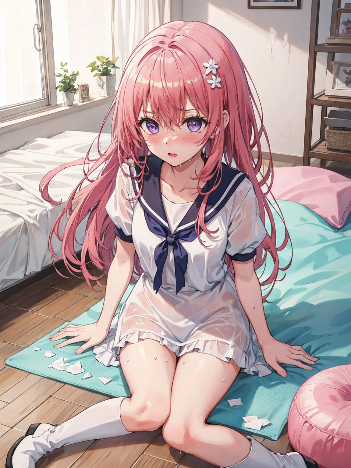 , ((sketch)), ((Highest quality)) ((Highest quality)), ((masterpiece)), (detailed), High resolution, 非常にdetailedな, 4K images, Anime Style, Beautiful teenage girl, The whole body is covered in oilで光沢感がある　Cut tissue paper into small pieces,　 小さくCrumpledティッシュペーパー, A small piece of tissue paper that fell to the ground, Torn、Crumpled,　Excessive sweating on the face,Dripping sweat,Sitting on an old bed,　Duvet with a light yellow stain　Old gym mat ,Gymnasium Warehouse,　There are lots of small rolls of tissue paper on the floor.. ,　Crumpledゴミがそこら中に散らばっている.,　とてもOld gym mat, 　 Messy room,　　Dimly lit room　Hardwood Floors　Scattered small rolls of tissue paper　Upper body sailor suit, Lower body swimsuit　Inner swimwear　Illustration Style　Anime Style　Small lips　Face of shame　Embarrassing　beautiful girl　Very cute clothes　Cheeks pink　Light purple hair　Blonde long hair　super curly hair　Super long sideburns　Rubber clothing　hair band　Pearl white silk tights that become transparent when wet　White super long boots　Big eyes　Droopy eyes　anger　blush　Shocking Pink Rouge　Sweating profusely　　A small roll of tissue paper　The whole body is wet from rain　Mucus clings to the whole body　Steam coming out of the whole body　Steam rises across the screen.　white breath　Haa　The whole body is covered in oil　evening　Overall orange background　Sunset sunshine