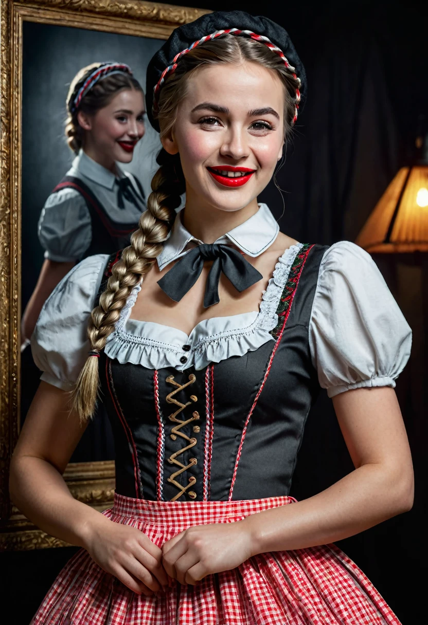 a young woman in a dirndl dress, french braid, bollenhut hat, winking with one eye, red lipstick, full body shoot, dark background, Black Forest, tourist information poster, detailed face, detailed clothing, intricate details, (best quality,4k,8k,highres,masterpiece:1.2),ultra-detailed,(realistic,photorealistic,photo-realistic:1.37),vivid colors,studio lighting,professional illustration