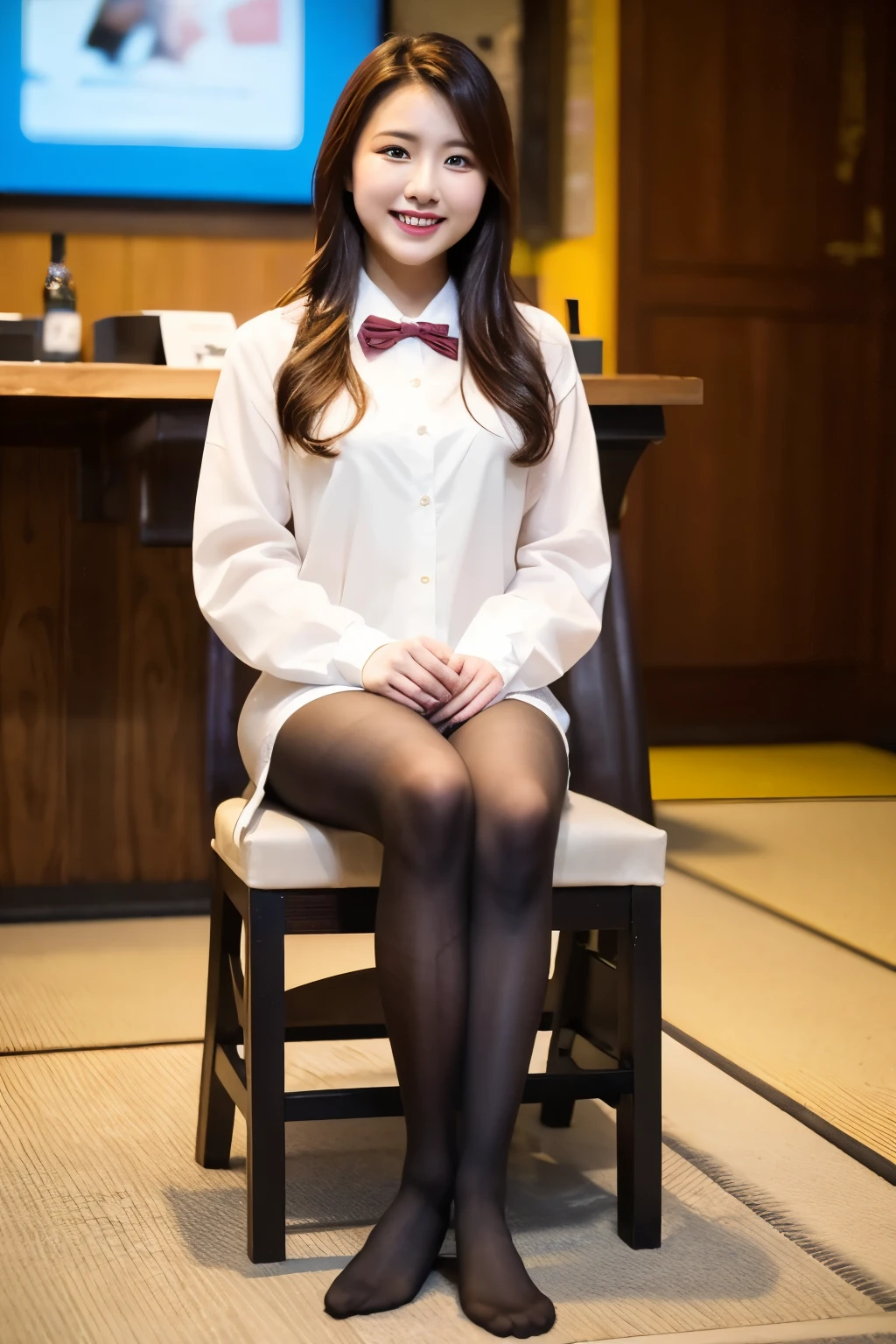 ulzzang-6500-v1.1, (RAW Photos:1.2), (Realistic Photo), Beautiful girl with attention to detail, (Realistic:1.4), Beautiful eye and face with High Detail, Beautiful eye with High Detail, Japanese , , (Ultra Realistic Pantyhose:1.2), No shoes, Sit on a chair, (Ultra Realistic pantyhose:1. 2), No shoes, Toes, Sitting in a chair, Large file size, High resolution, very detailed, Highest quality, [masterpiece:1. 6], figure, very detailed, Hmph, detailed, Highest quality, 8k wallpaper, Cinema Lighting, One Girl, 17 years old, Perfect figure, cute droopy eye, beautiful big eye, eye , (( masterpiece)), Highest quality, 1 girl, eyehadow, ((Full Body Shot:1.4)), (A very loving smile:1.2),.
