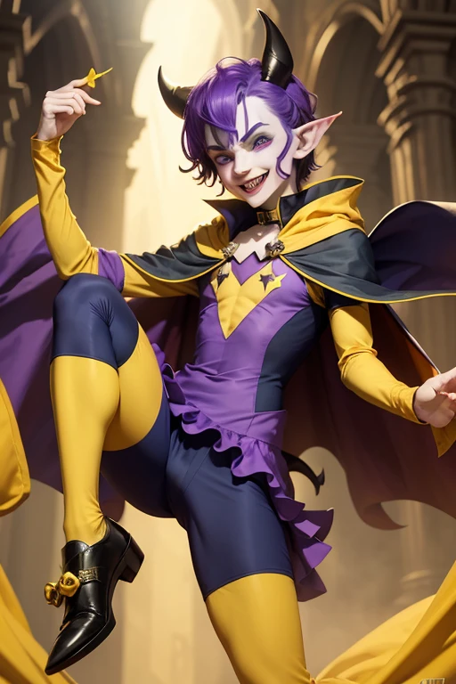 1 Pale Skin Jester, pointy ears, triangular eyes and a smile that expresses madness. Wear classic jester clothing, mostly purple, yellow and lemon green collar, his shoes are the same color. It has a J-shaped tail and a kind of black cape.