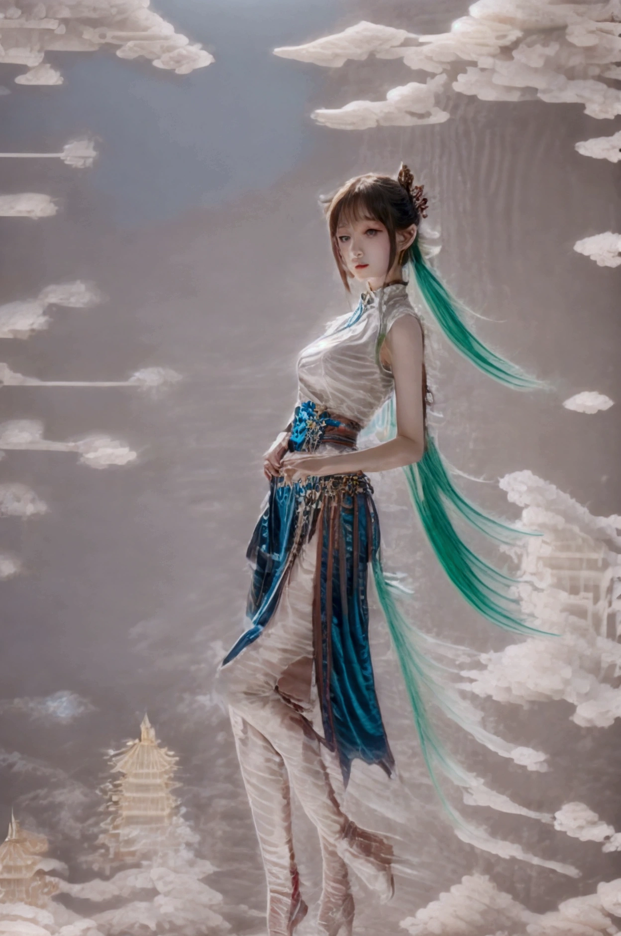 best quality,Ultra-high resolution,1 girl,alone,whole body,snow,City,, blue hair,Green eyes,Jie Kang,Uniforms,