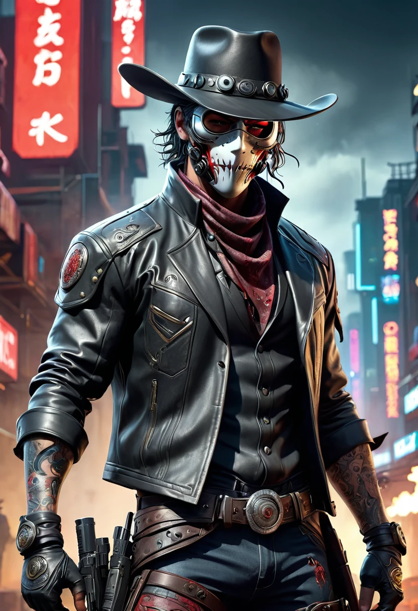 sh4g0d style cyberpunk western cowboy,(mask:1.2),(Strong dynamic stance:1.5),(struggle:1.3),(Blood),Strong,His expression was very firm., 8K, Extremely detailed, precise, best quality