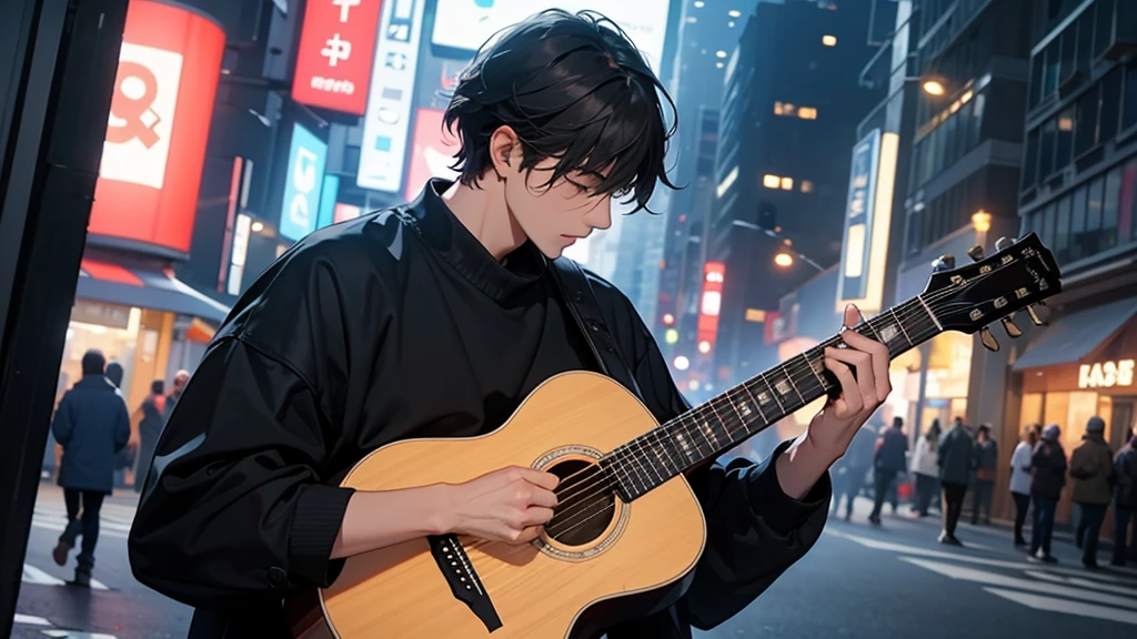 A man is playing guitar. His face is not very visible. Background is night or dusk in a bustling urban setting.