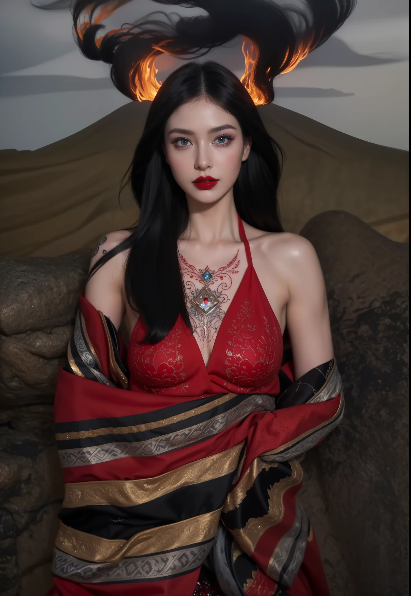 Royal princess,Extremely detailed, Delicate face, Stock Photography , Portrait 400, F1 Camera Lens.6, rich and colorful, Surrealism, Realistic textures, Dramatic Lighting, Thin Film Distiller 800 (8K, original photo, Better quality, masterpiece: 1.2), Extremely detailed, (Extremely delicate skin: 1.2), 8K ultra high definition, SLR camera, Soft Light, high quality.Fire Queen,Blue pupils,Wear red lipstick,Have a tattoo,The tattoo is very three-dimensional,Gorgeous and intricate tattoo designs,Dark eyeshadow,Sexy thick lips(Red lipstick),Nuclear explosion