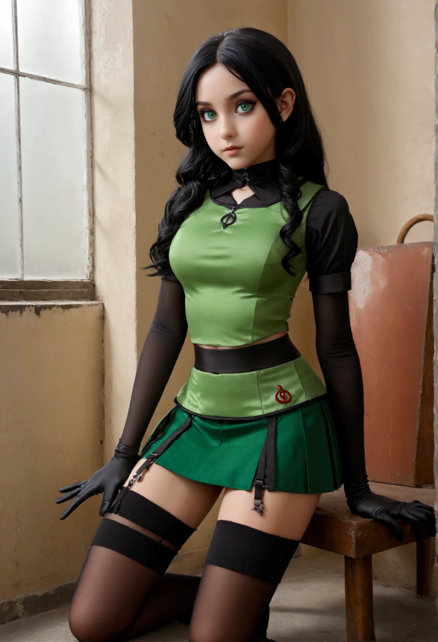 masterpiece, best quality, SvnV4, 1girl, a daughter of severus snape , solo, green eyes, black hair,team rocket,team rocket uniform, emblema de una serpiente sobre un fondo verde y plateado, green skirt,green crop top,black thigh-highs,black elbow gloves,