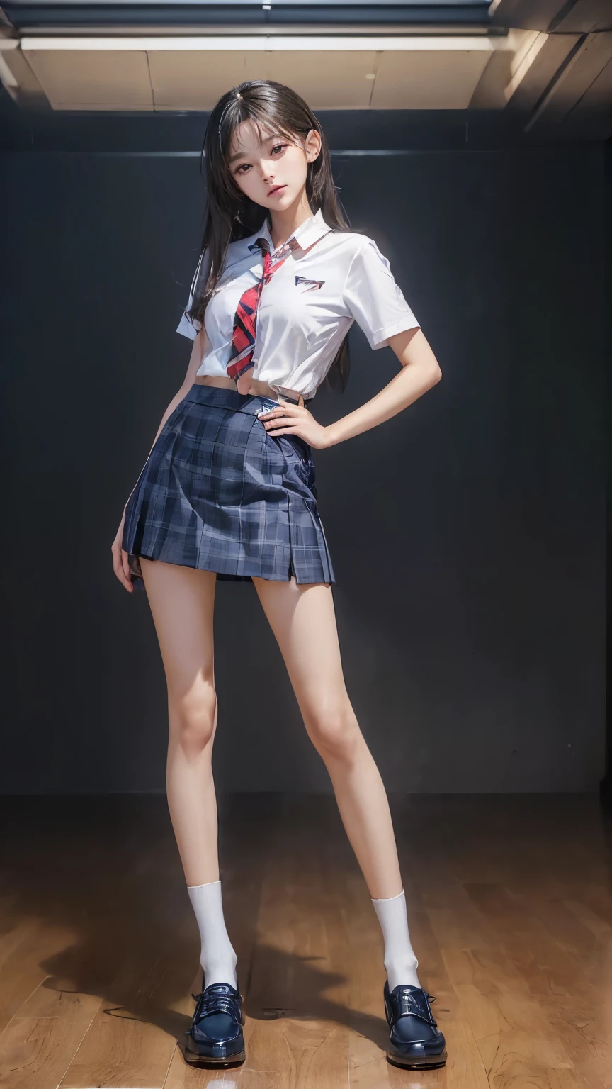 ((masterpiece)),(((最high quality))),((膝の高さからFull body shotする:1.8)),((((((脚を揃えてPlease stand up straight:1.9)))))),((Thin thighs)),((Long legs:1.5)),(((Girl standing in a school classroom:1.7))),(((Micro Mini Skirt Uniform:1.6))),((tall:1.8)),((Japanese high school girls wearing summer uniforms:1.8)),((スリムなModel body type:1.5)),((Thin legs:1.6)),((Wearing a red tie:1.2)),((Wearing a white shirt with short sleeves)),Her erect nipples are clearly visible under her clothes.,(Navy blue checked micro mini skirt:1.5),(24-years-old:1.3),bangs,A small smile,((cute女の子)),Slender girl,(Black Loafers),((short white socks up to the ankles,)),cute,The thigh area below the groin is slim and firm,cute,Black hair ponytail,Thin legs,スリムなModel body type,Very small waist,Small hips,Long thighs,Thin thighs,Thin hands,Long hands,((((下からFull body shotする:1.5)))),(((((k-popのIVEのWONYOUNGにそっくりの女の子:1.9))))),((Turn your whole body straight ahead:1.8)),((tall:1.4)),(Stand with your legs straight without bending your knees:1.7),((Please stand up straight:1.7)),((turn your hips forward:1.7)),The ankles are super thin,beauty,Fine skin,Firm Skin,引き締まったThin legsの肌を細部までリアルに再現,Very detailed, Attention to detail,high quality,Awards,High resolution,(Anatomically correct:1.3),(8k,RAW Photos,最high quality,masterpiece:1.5),(((を下からFull body shotする:1.5))),Height 173cm,((脚を揃えてPlease stand up straight:1.7)),((脚を揃えてPlease stand up straight:1.7)),(((Keep your back straight:1.8))),((Look forward:1.2)),8頭身beauty,Model body type,((Inseam is half the height:1.5)),(Thin thighs),((k-popのIVEのWONYOUNGにそっくりの女の子:1.5)),Raw photo,Firm Skin,Fine skin,Well-trained muscular legs,Attention to detail,Vivid,Skin Texture,Genuineな皮膚感,Perfect composition,beautiful,Very detailed,High chroma,Genuine,eyeliner,eye shadow,High nose,Small nostrils,Small Mouth,Seductive lips,((((White panties:1.9)))),Long legs,Thin legs,Thin thighs,Thin ankles,(((Full body shot:1.6))),((A blackboard and desks are visible in a school classroom.:1.7))